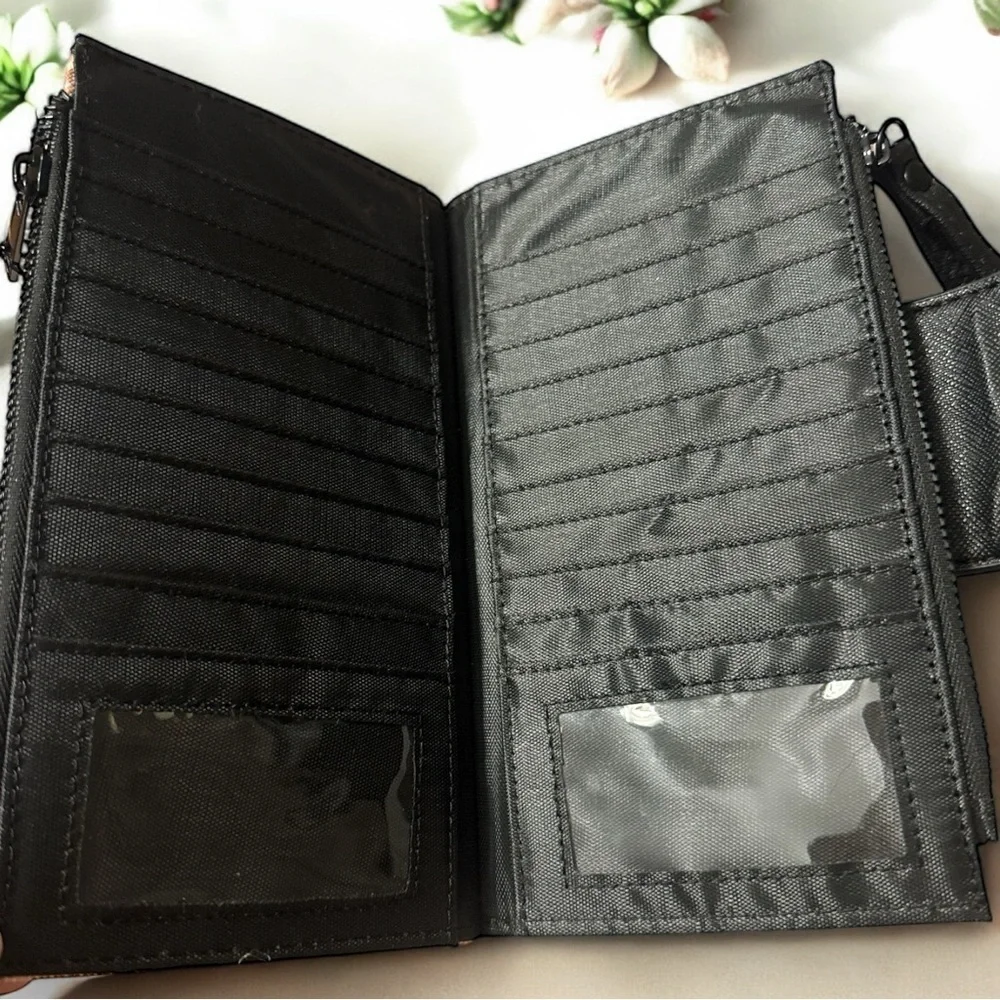 XOXO Tan Black Logo Print Wristlet Wallet Double Zipper Multi Slot New with Tags